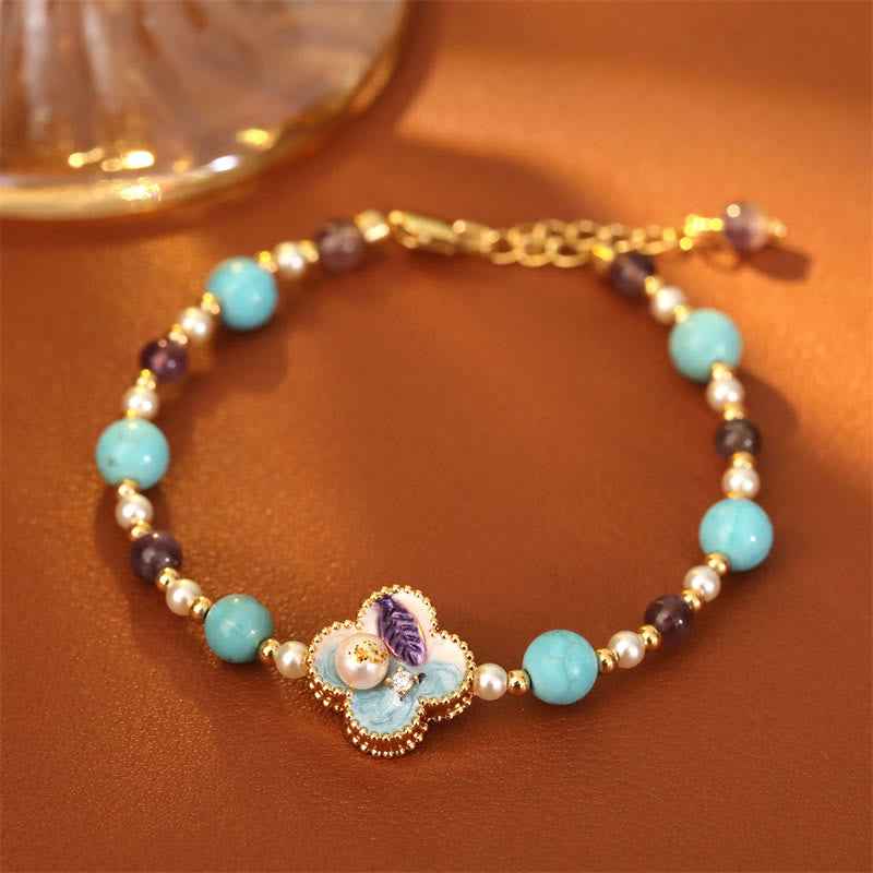 Fortune Jewel Pearl Turquoise Beads Flower Design Copper Luck Chain Bracelet