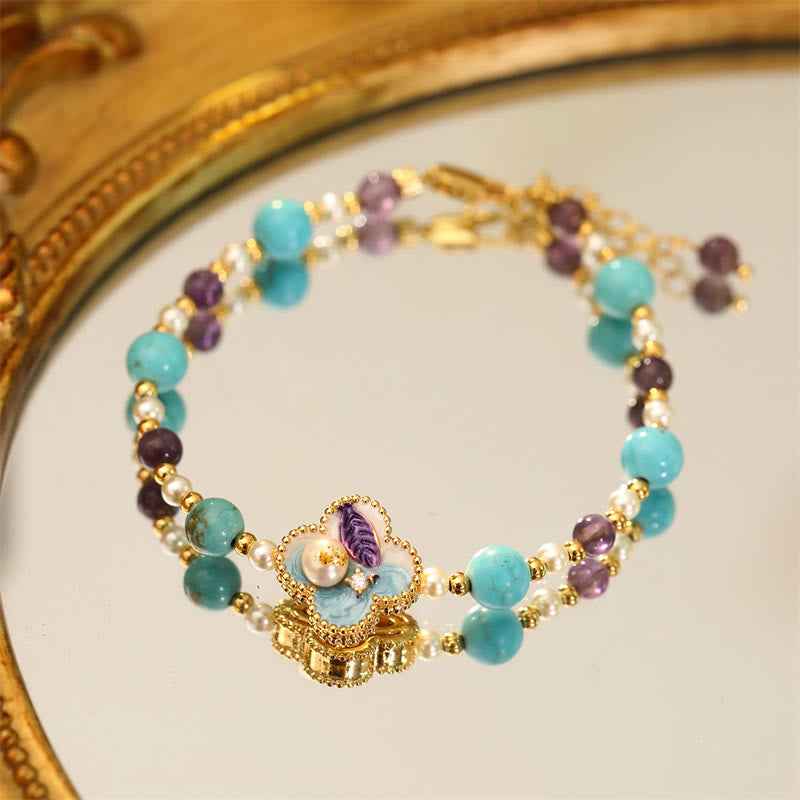 Fortune Jewel Pearl Turquoise Beads Flower Design Copper Luck Chain Bracelet