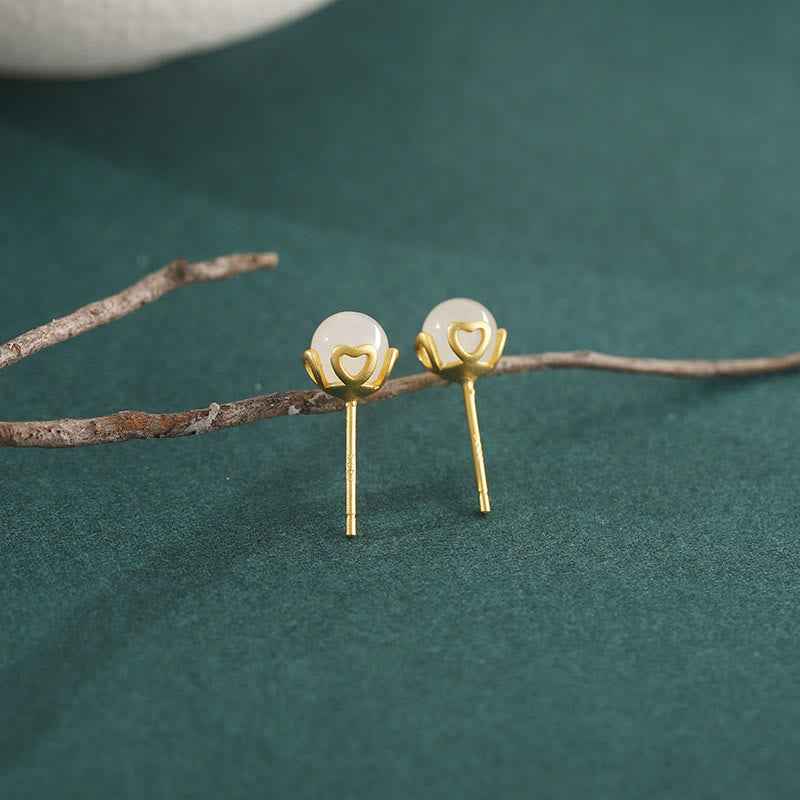 Fortune Jewel Hetian Jade 925 Sterling Silver Heart-Shaped Lace Harmony Earrings