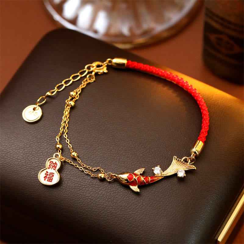 Fortune Jewel Koi Fish Attract Wealth Gourd Charm Design Red String Luck Bracelet