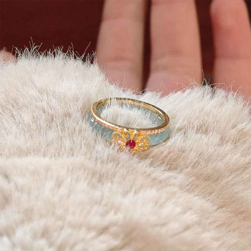 Buddha Stones Gold-Plated Copper Glass Flower Wealth Ring