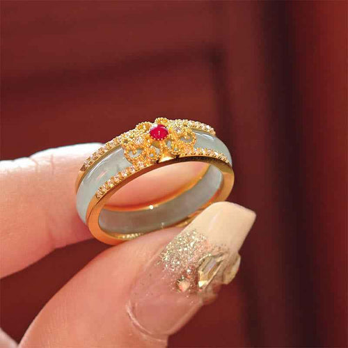 Buddha Stones Gold-Plated Copper Glass Flower Wealth Ring