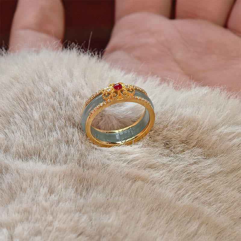 Buddha Stones Gold-Plated Copper Glass Flower Wealth Ring