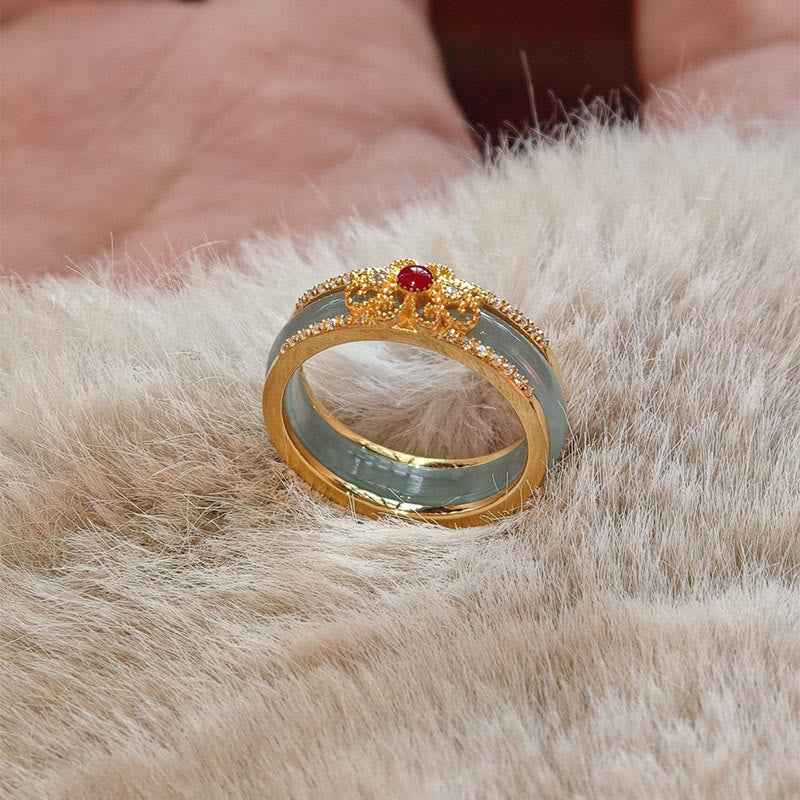 Buddha Stones Gold-Plated Copper Glass Flower Wealth Ring