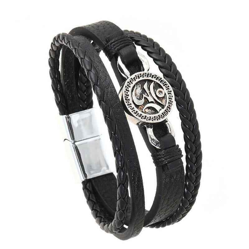 Fortune Jewel Om Round Engraved Multilayered Braided Retro Leather Bracelet