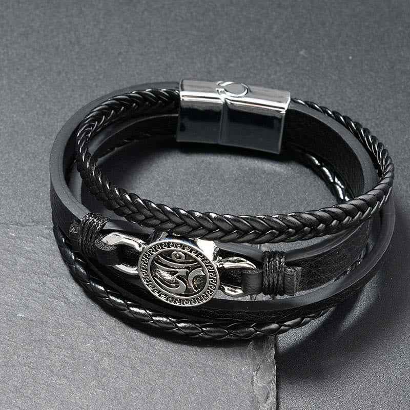 Fortune Jewel Om Round Engraved Multilayered Braided Retro Leather Bracelet