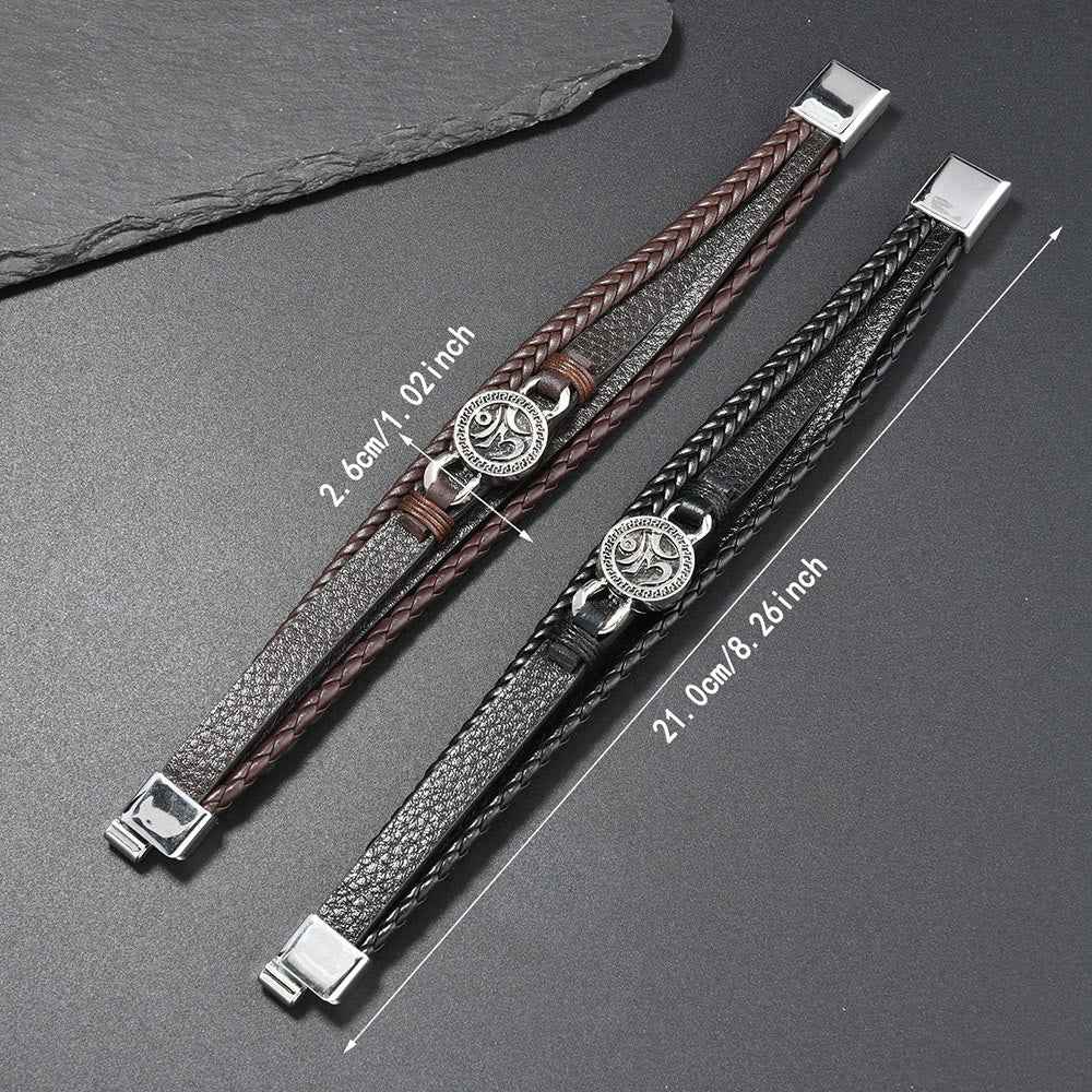 Fortune Jewel Om Round Engraved Multilayered Braided Retro Leather Bracelet