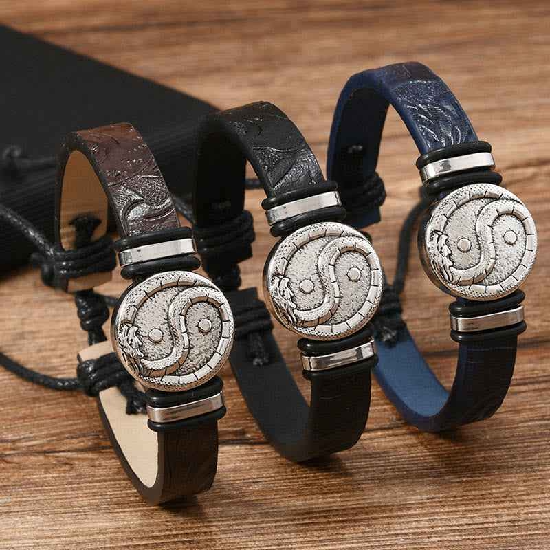 Fortune Jewel Round Engraved YIN YANG Dragon Leather Balance Bracelet