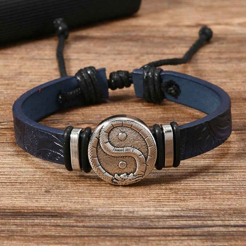 Fortune Jewel Round Engraved YIN YANG Dragon Leather Balance Bracelet