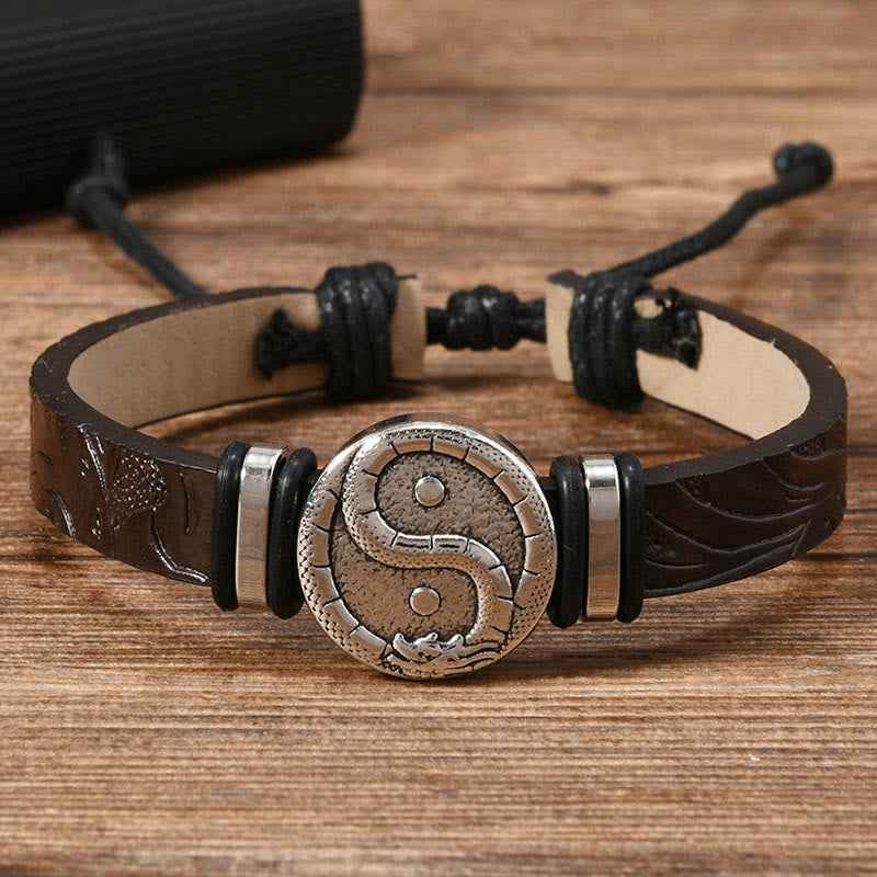 Fortune Jewel Round Engraved YIN YANG Dragon Leather Balance Bracelet