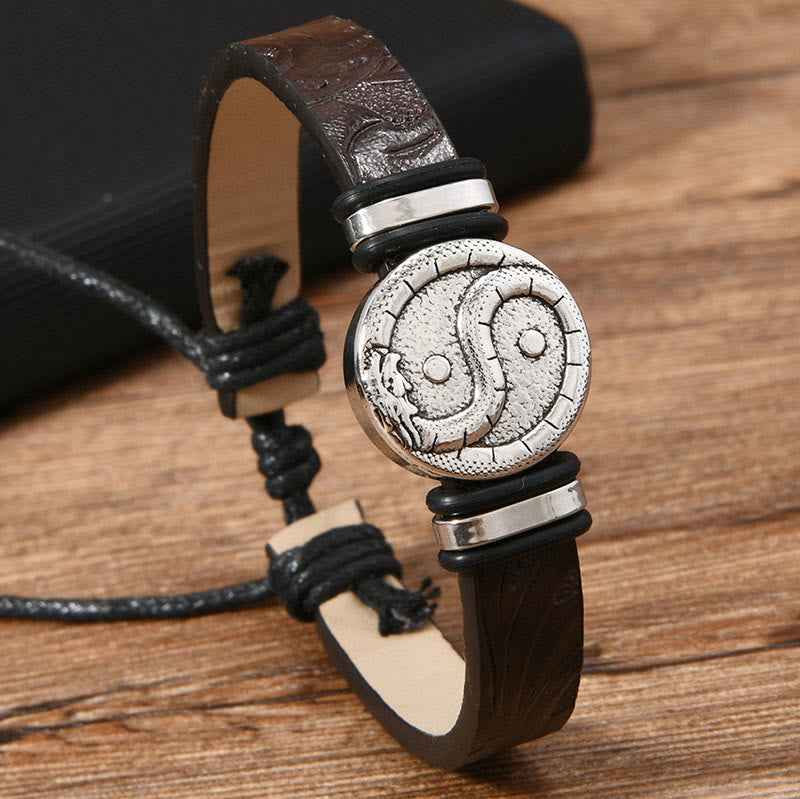 Fortune Jewel Round Engraved YIN YANG Dragon Leather Balance Bracelet