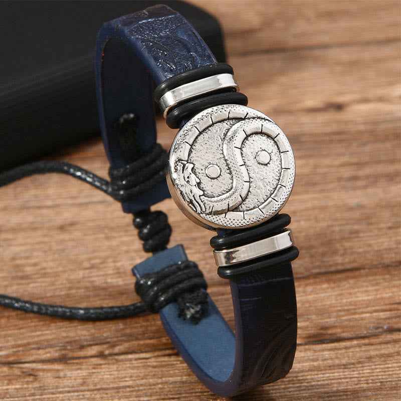 Fortune Jewel Round Engraved YIN YANG Dragon Leather Balance Bracelet
