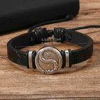 Fortune Jewel Round Engraved YIN YANG Dragon Leather Balance Bracelet