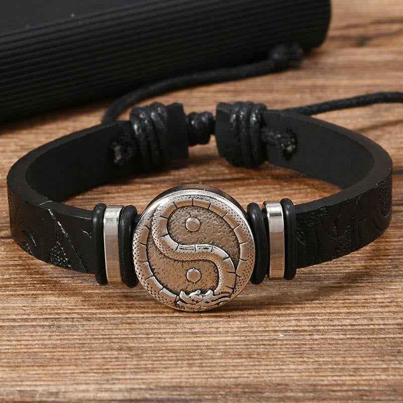 Fortune Jewel Round Engraved YIN YANG Dragon Leather Balance Bracelet