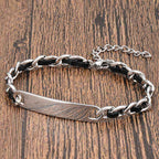 Fortune Jewel Chain Leather Inlay Bar Plate Braided Leather Strengthen Cuban Bracelet