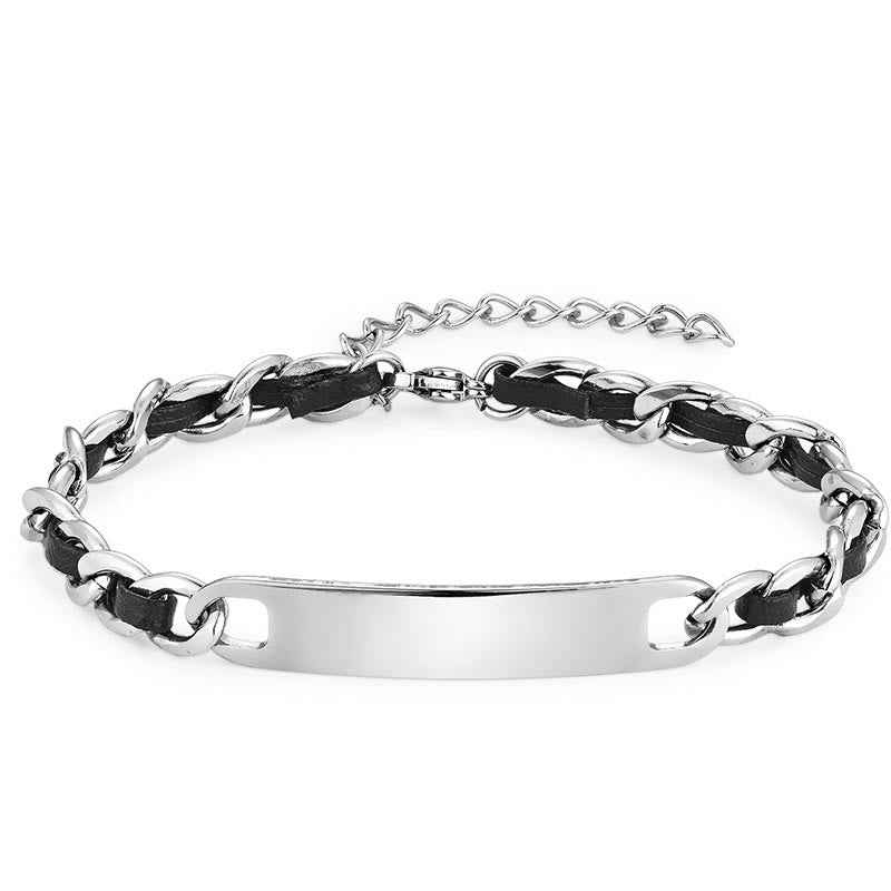 Fortune Jewel Chain Leather Inlay Bar Plate Braided Leather Strengthen Cuban Bracelet