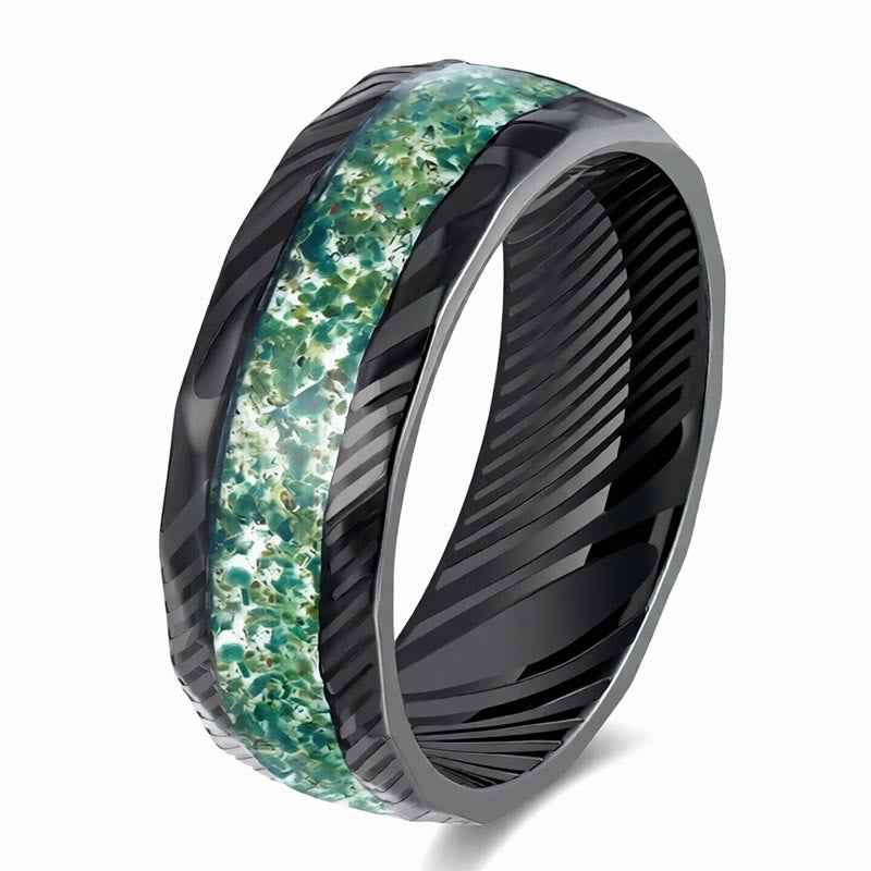 Buddha Stones Faceted Natural Inlay Titanium Steel Strength Ring