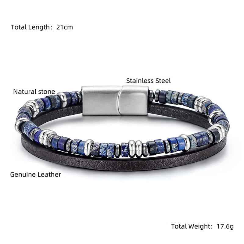 Fortune Jewel Lapis Lazuli Tiger Eye Bead Balance Leather Bracelet