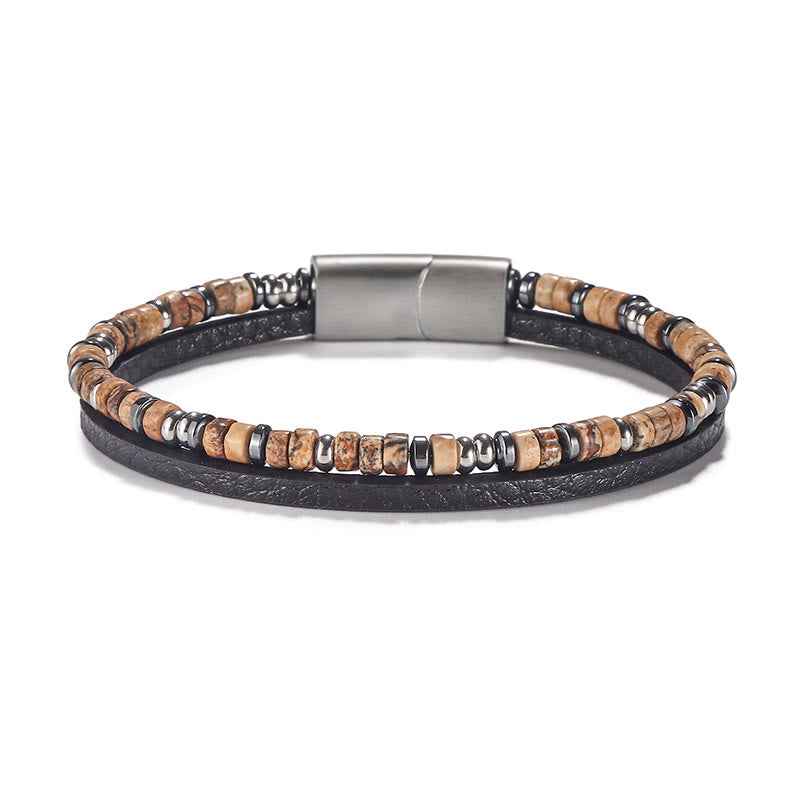 Fortune Jewel Lapis Lazuli Tiger Eye Bead Balance Leather Bracelet