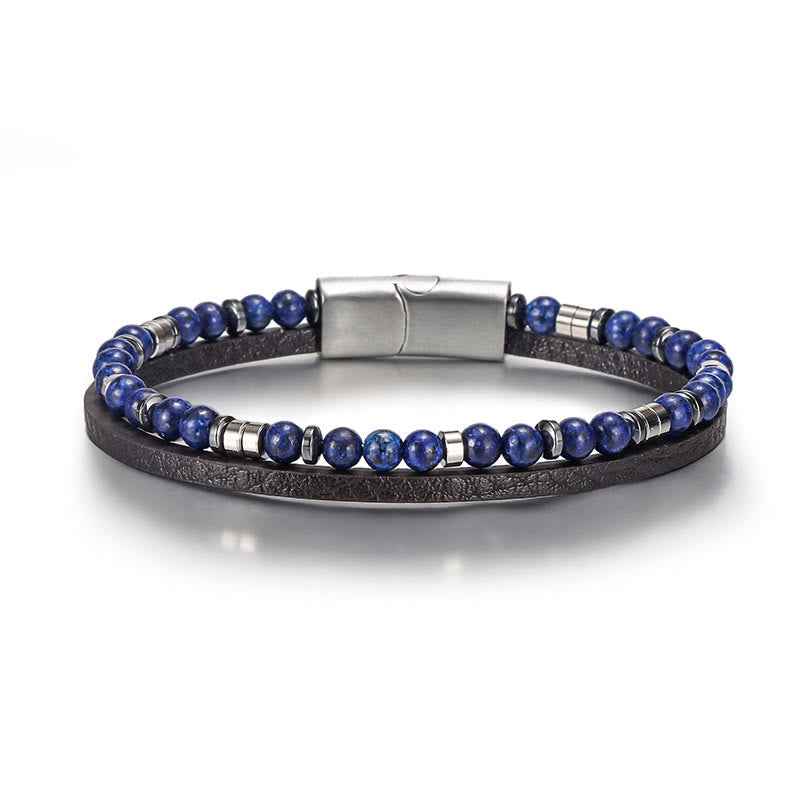 Fortune Jewel Lapis Lazuli Tiger Eye Bead Balance Leather Bracelet