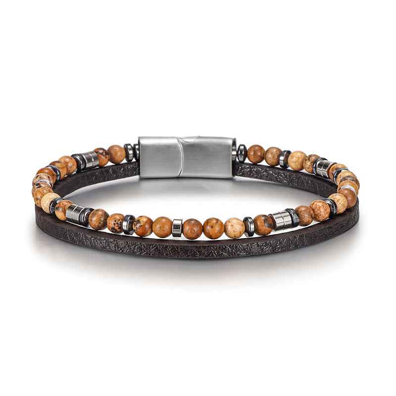 Fortune Jewel Lapis Lazuli Tiger Eye Bead Balance Leather Bracelet