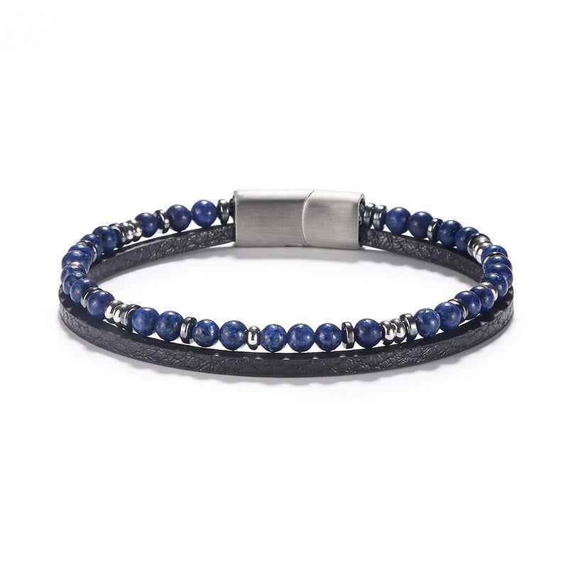 Fortune Jewel Lapis Lazuli Tiger Eye Bead Balance Leather Bracelet