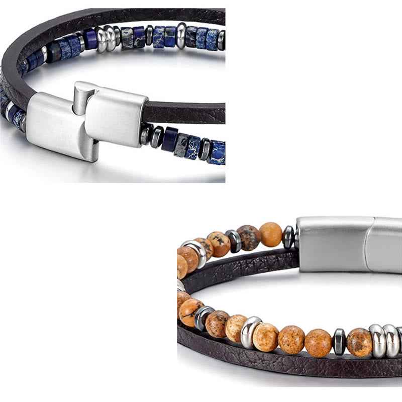 Fortune Jewel Lapis Lazuli Tiger Eye Bead Balance Leather Bracelet