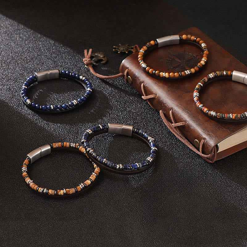 Fortune Jewel Lapis Lazuli Tiger Eye Bead Balance Leather Bracelet