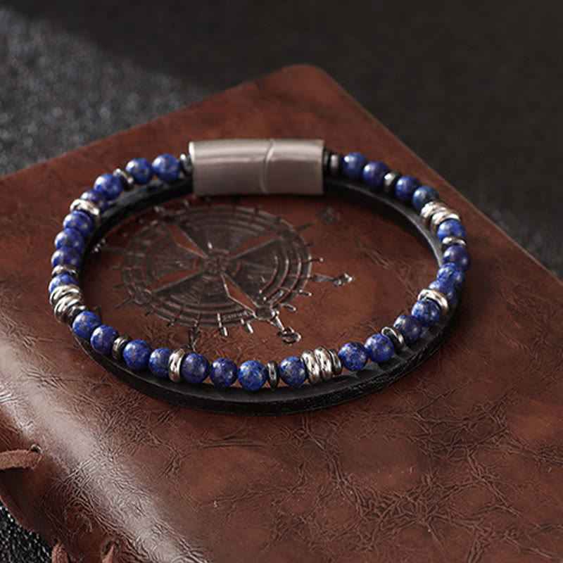 Fortune Jewel Lapis Lazuli Tiger Eye Bead Balance Leather Bracelet