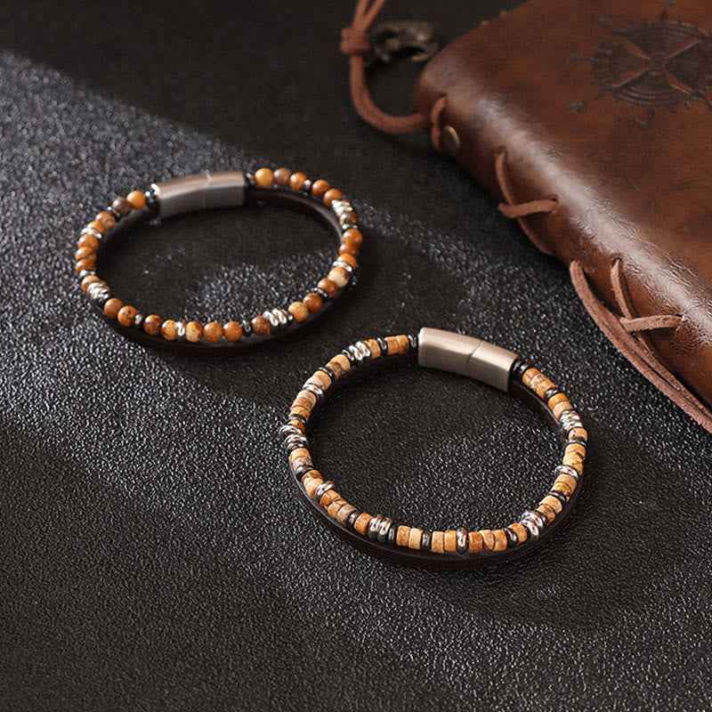 Fortune Jewel Lapis Lazuli Tiger Eye Bead Balance Leather Bracelet