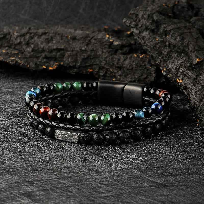 Fortune Jewel Tiger Eye Lava Rock Bead Braided Strength Leather Bracelet