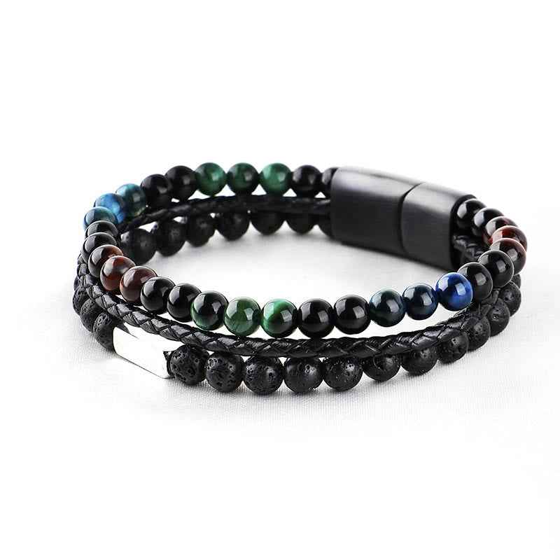 Fortune Jewel Tiger Eye Lava Rock Bead Braided Strength Leather Bracelet