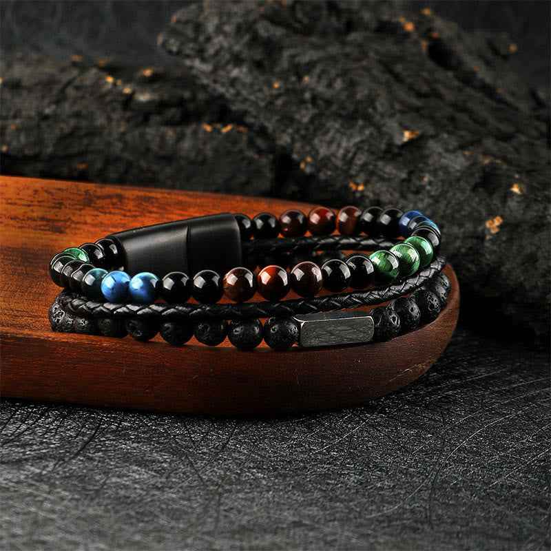 Fortune Jewel Tiger Eye Lava Rock Bead Braided Strength Leather Bracelet
