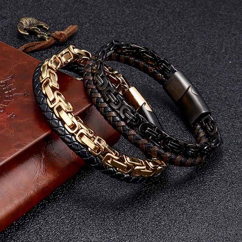 Fortune Jewel Link Chain Double Wrap Braided Leather Balance Bracelet