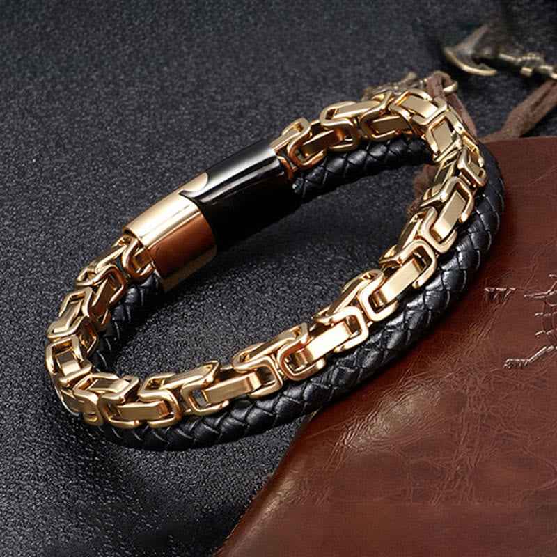 Fortune Jewel Link Chain Double Wrap Braided Leather Balance Bracelet
