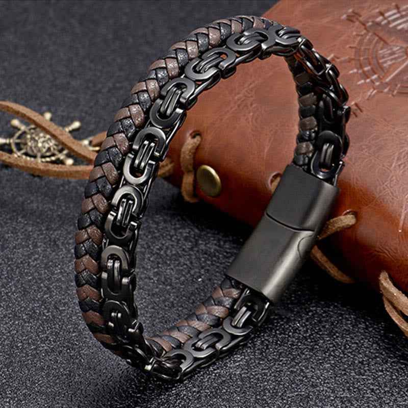 Fortune Jewel Link Chain Double Wrap Braided Leather Balance Bracelet