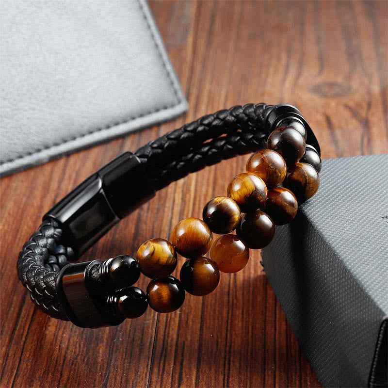 Fortune Jewel Tiger Eye Double Wrap Braided Leather Protection Bracelet
