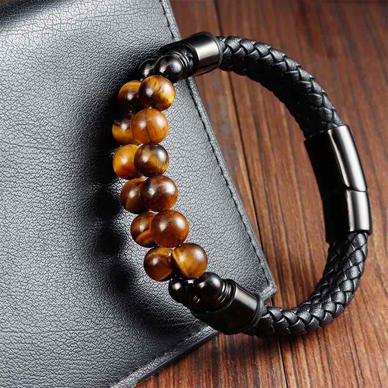 Fortune Jewel Tiger Eye Double Wrap Braided Leather Protection Bracelet