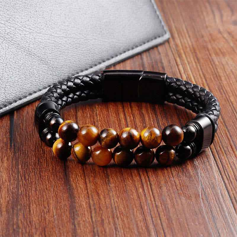 Fortune Jewel Tiger Eye Double Wrap Braided Leather Protection Bracelet