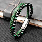 Fortune Jewel Green Tiger Eye Double Wrap Braided Leather Strength Bracelet