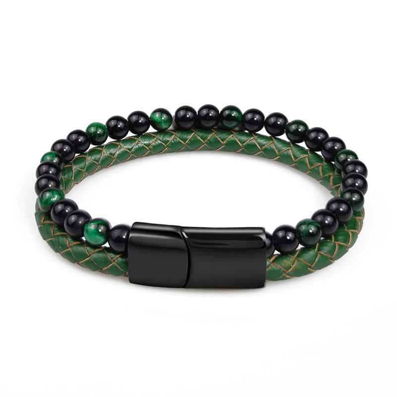 Fortune Jewel Green Tiger Eye Double Wrap Braided Leather Strength Bracelet