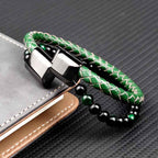 Fortune Jewel Green Tiger Eye Double Wrap Braided Leather Strength Bracelet
