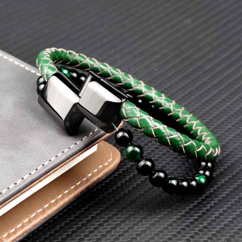 Fortune Jewel Green Tiger Eye Double Wrap Braided Leather Strength Bracelet