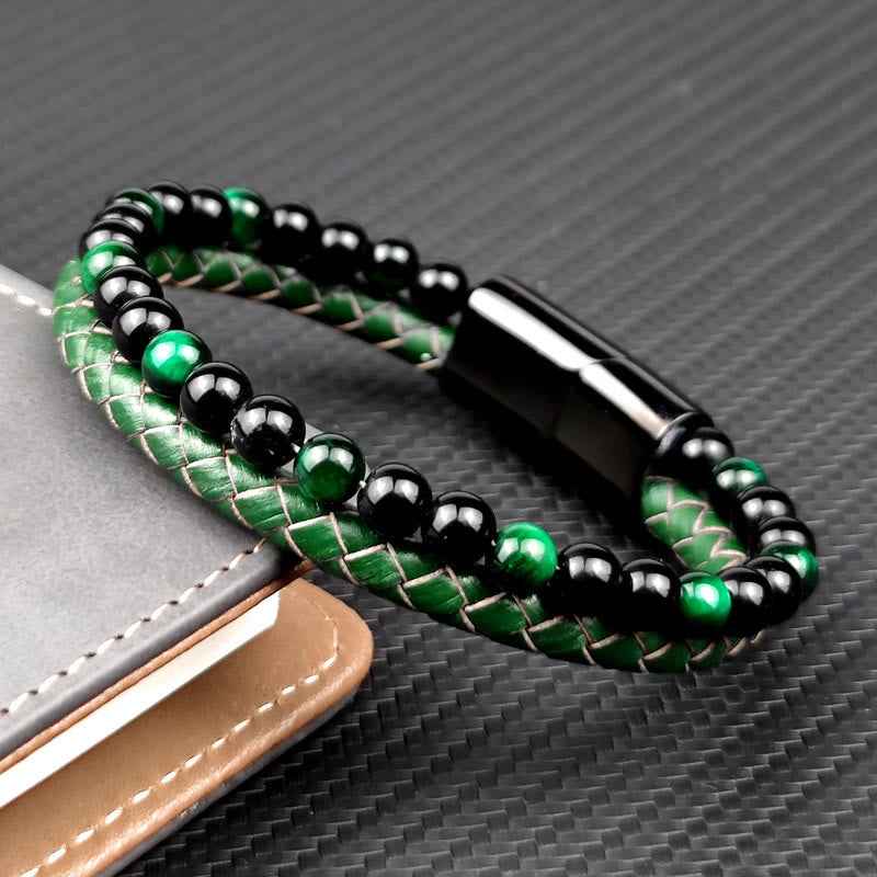 Fortune Jewel Green Tiger Eye Double Wrap Braided Leather Strength Bracelet