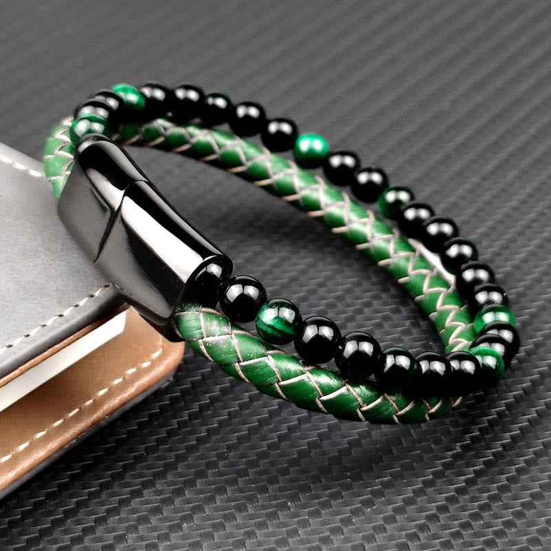 Fortune Jewel Green Tiger Eye Double Wrap Braided Leather Strength Bracelet