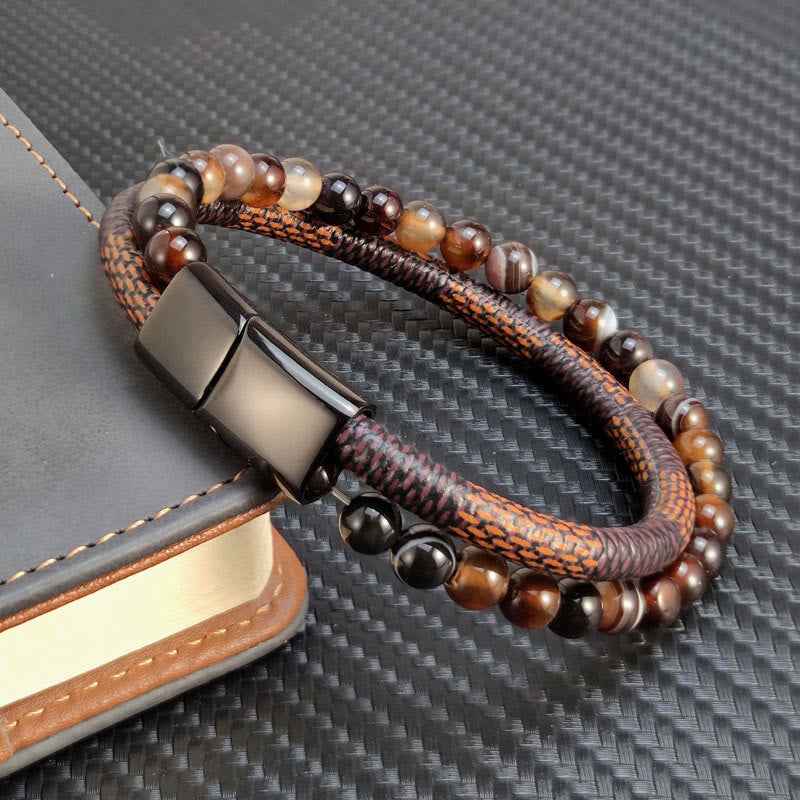 Fortune Jewel Sardonyx Double Wrap Braided Leather Success Bracelet