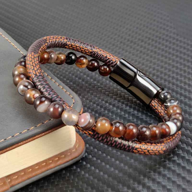 Fortune Jewel Sardonyx Double Wrap Braided Leather Success Bracelet