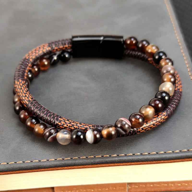 Fortune Jewel Sardonyx Double Wrap Braided Leather Success Bracelet