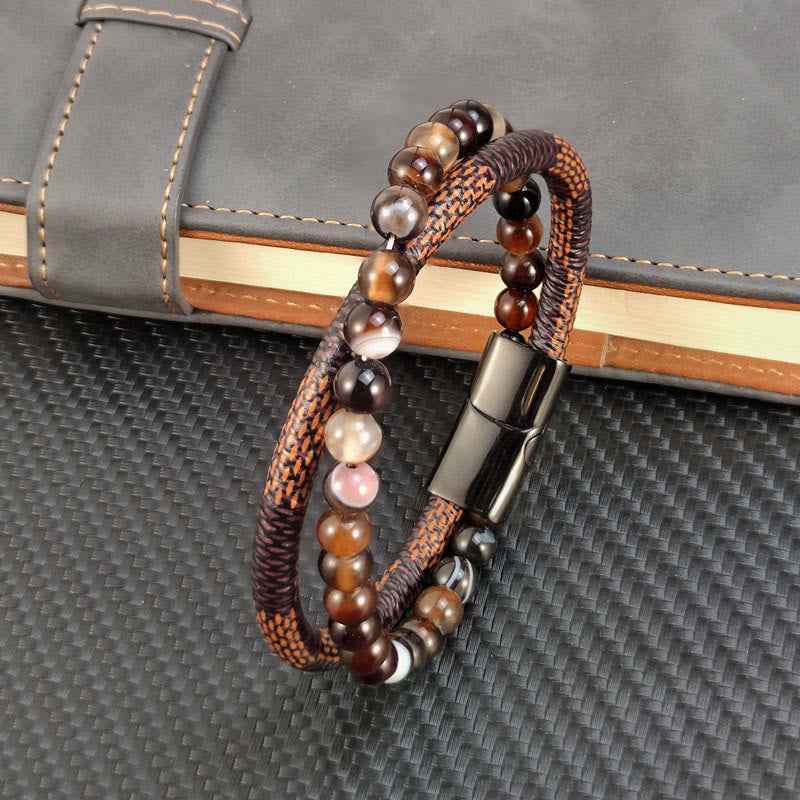 Fortune Jewel Sardonyx Double Wrap Braided Leather Success Bracelet