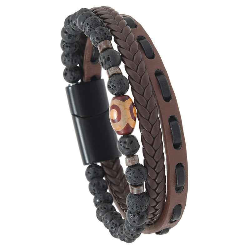 Fortune Jewel Dzi Bead Lava Rock Multilayered Braided Leather Wealth Bracelet